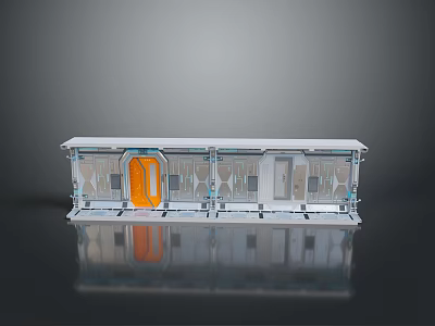Modern Architectural Landscape With Long Strip Structure Transparent Glass Windows And Orange Door 3d model