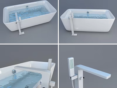 Modern White Rectangular Bathtub With Sleek Freestanding Faucet And Water 3d model