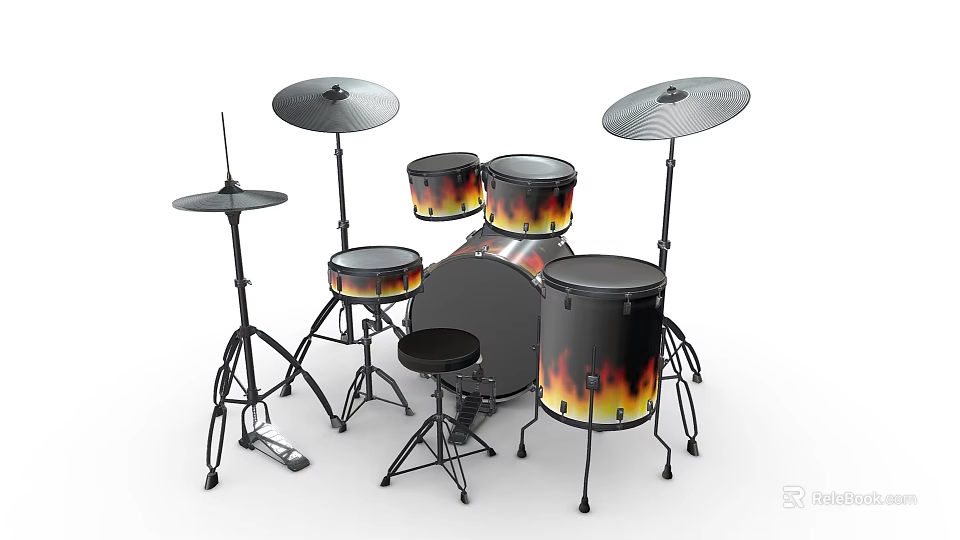 Musical Instruments And Art Supplies Flame Design Drum Set With Cymbals And Stool 3d model 