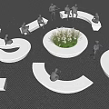 Curved Landscape Seats Around Central Flower Bed With Green Plants And White Flowers