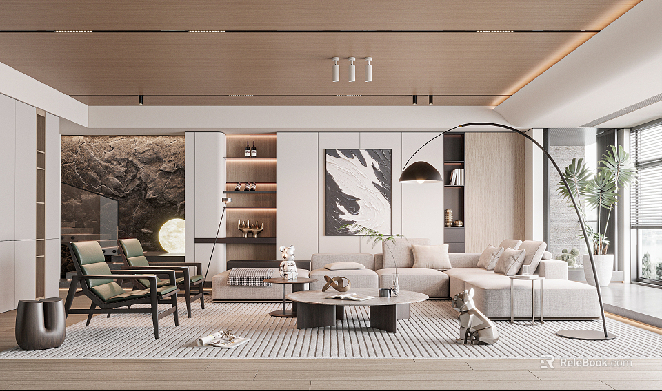 Contemporary Living Room Interior With Sofa Coffee Table Armchairs Artwork Floor Lamp And Area Rug 3d model 