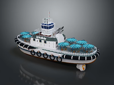 Leisure Water Vessel With Blue Umbrellas Seating Areas Lifebuoys And Control Cabin 3d model