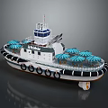 Leisure Water Vessel With Blue Umbrellas Seating Areas Lifebuoys And Control Cabin