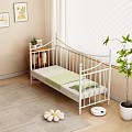 White Metal Bed Frame with Railing Design in Modern Bedroom Interior with Green Plant