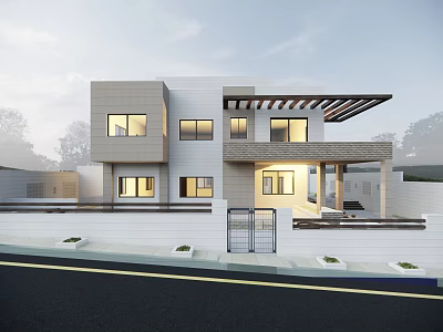 Modern Detached House Exterior With Glass Windows Balcony And Entrance Gate 3d model