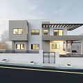 Modern Detached House Exterior With Glass Windows Balcony And Entrance Gate