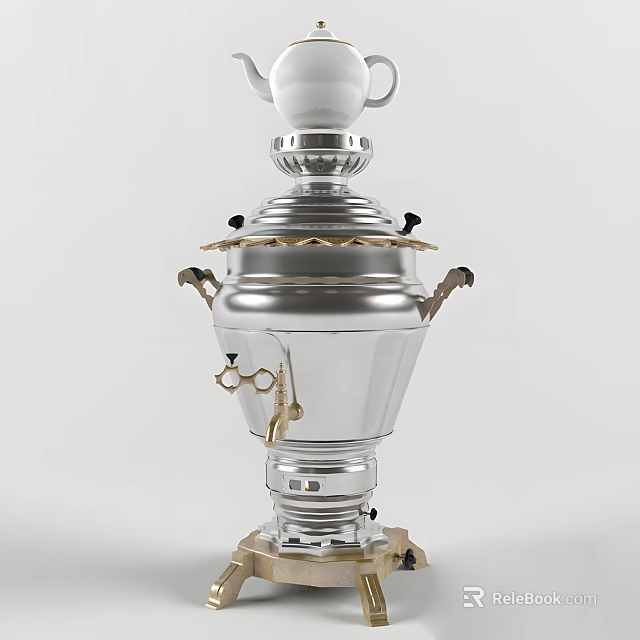 Silver Samovar with White Top Gold Accents Handles and Gold Base 3d model 