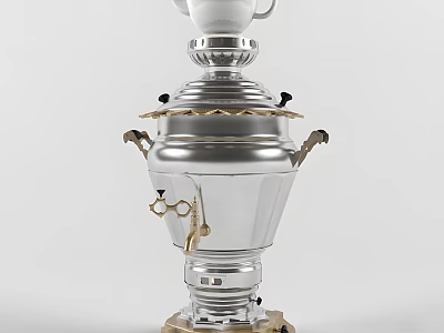 Silver Samovar with White Top Gold Accents Handles and Gold Base 3d model
