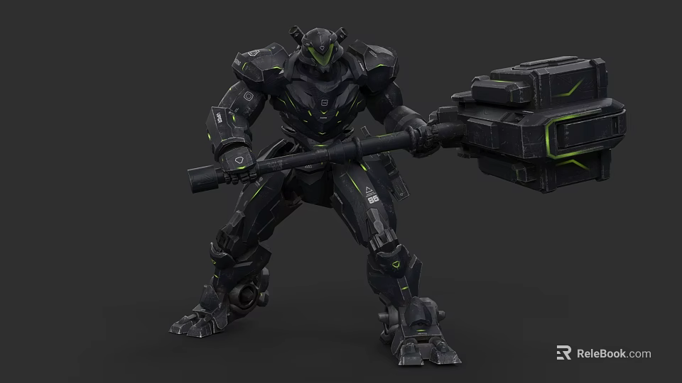 Black Armored Mech With Green Accents Holding Large Hammer Figure 3d model 