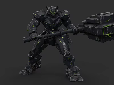 Black Armored Mech With Green Accents Holding Large Hammer Figure 3d model