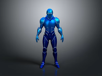 Blue Metallic Humanoid Robot in Standing Pose With White Lines and Gray Background 3d model