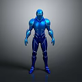 Blue Metallic Humanoid Robot in Standing Pose With White Lines and Gray Background