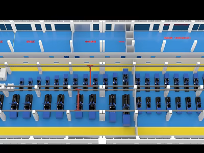 Aerial View Of Factory Production Floor With Arranged Machinery Blue Work Areas And Yellow Lines 3d model