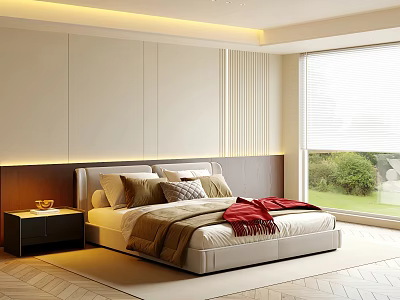 Modern Bedroom Interior With King Bed Pillows Red Blanket Nightstand And Herringbone Rug 3d model