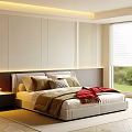 Modern Bedroom Interior With King Bed Pillows Red Blanket Nightstand And Herringbone Rug