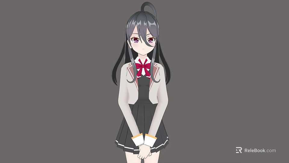 Anime Girl With Black Hair And Red Eyes Wearing School Uniform White Cardigan Red Bow 3d model 