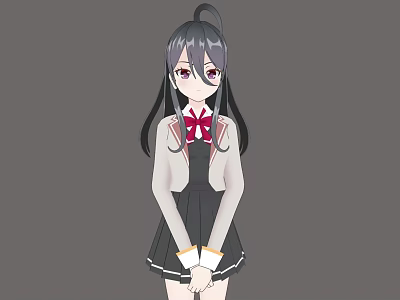Anime Girl With Black Hair And Red Eyes Wearing School Uniform White Cardigan Red Bow 3d model
