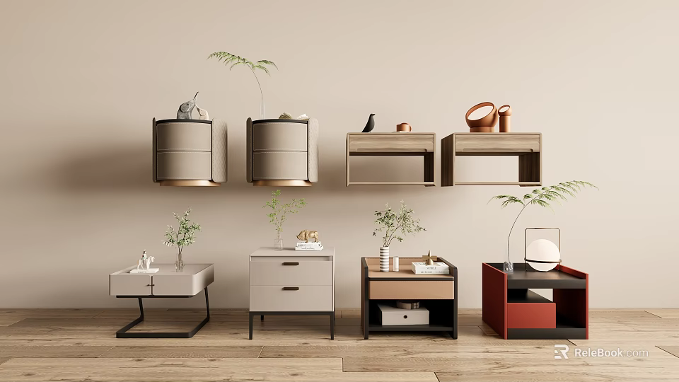 Modern Wall Shelf And Floor Cabinet Display With Plants And Decorative Items 3d model 