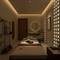 Modern Lounge Interior with Reception Desk Circular Chandelier Wooden Door Terrazzo Floor and Potted Plants