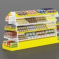 Yellow Store Shelf With Multiple Layers And Various Packaged Products Neatly Arranged 3d model