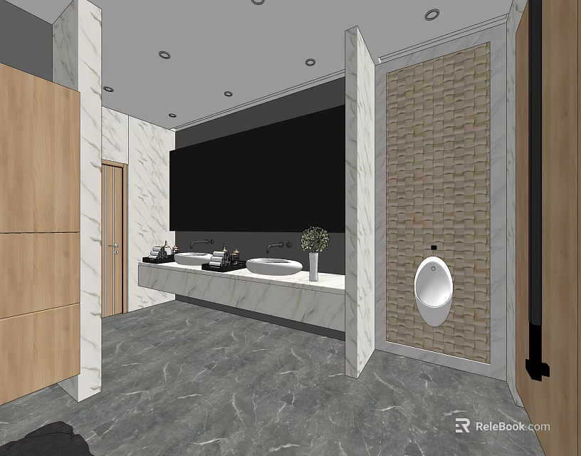 Modern Public Toilet With Marble Countertop Washbasins Urinal Wooden Doors Tiled Walls And Green Plant 3d model 