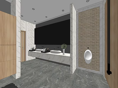 Modern Public Toilet With Marble Countertop Washbasins Urinal Wooden Doors Tiled Walls And Green Plant 3d model