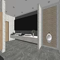 Modern Public Toilet With Marble Countertop Washbasins Urinal Wooden Doors Tiled Walls And Green Plant