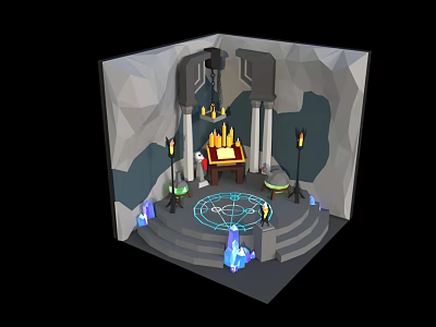 Cartoon Cave Chamber Scene with Magic Circle Altar Golden Items Torch Lights and Blue Crystals 3d model