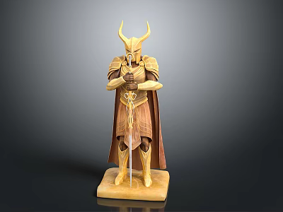 Mythical Warrior Statue With Horned Helmet Armor And Sword On Base 3d model