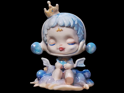 Cute Blue Hair Doll with Golden Crown Star Forehead Closed Eyes and Small Wings 3d model