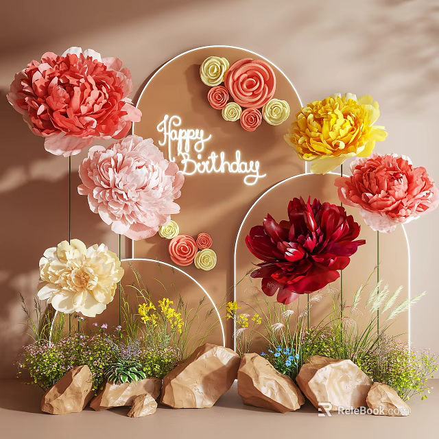 Colorful Paper Flower Art Installation With Happy Birthday Text Arched Backdrop And Green Plants 3d model 