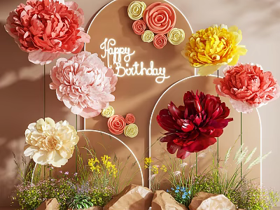 Colorful Paper Flower Art Installation With Happy Birthday Text Arched Backdrop And Green Plants 3d model