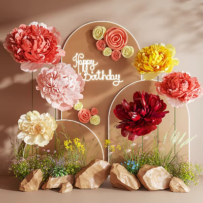 Colorful Paper Flower Art Installation With Happy Birthday Text Arched Backdrop And Green Plants 3d model
