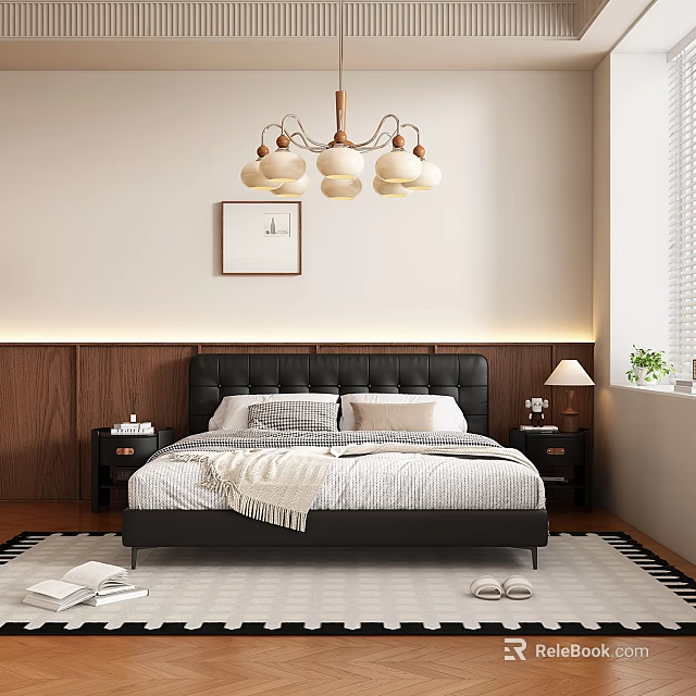 Modern Black Upholstered Double Bed With Soft Bedding For Warm Cozy Bedroom Home Decor 3d model 