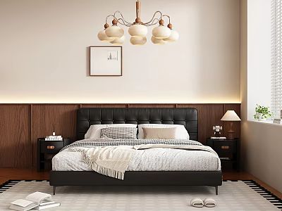 Modern Black Upholstered Double Bed With Soft Bedding For Warm Cozy Bedroom Home Decor 3d model