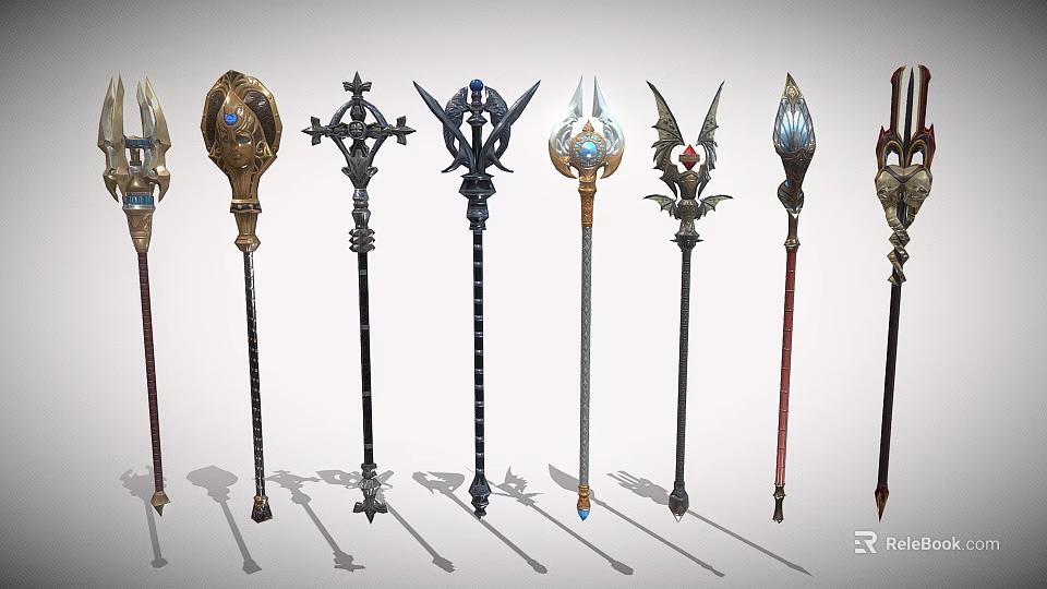 Ornate Weapon Collection Showcasing Various Staffs With Gemstone Inlays And Metal Accents 3d model 