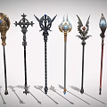 Ornate Weapon Collection Showcasing Various Staffs With Gemstone Inlays And Metal Accents