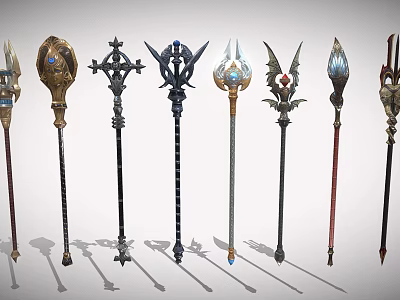 Ornate Weapon Collection Showcasing Various Staffs With Gemstone Inlays And Metal Accents 3d model