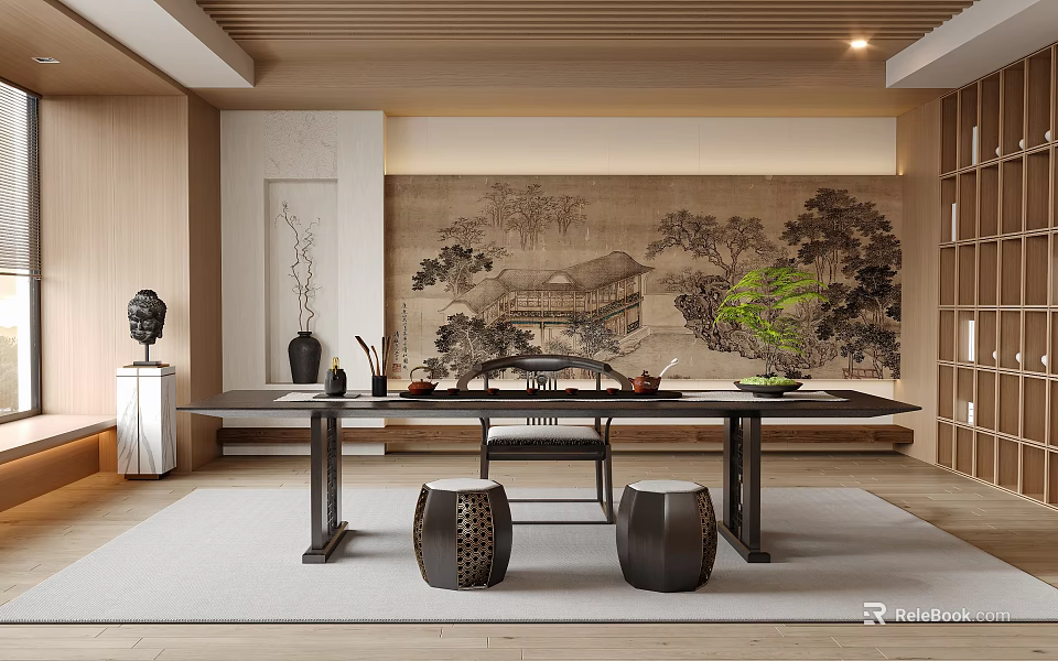 Traditional Tea Room Interior With Wooden Decor Landscape Painting Tea Sets And Green Plant 3d model 