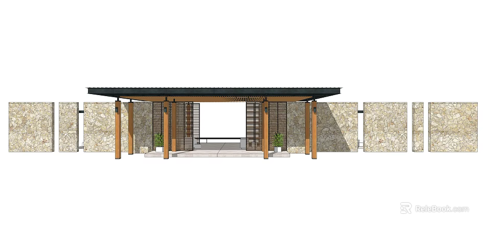 Modern Entrance Gate Design With Wooden Pergola Stone Wall And Potted Plants 3d model 