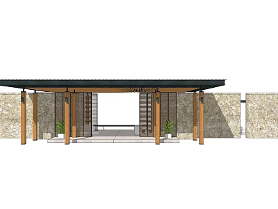 Modern Entrance Gate Design With Wooden Pergola Stone Wall And Potted Plants 3d model