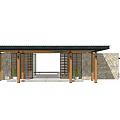 Modern Entrance Gate Design With Wooden Pergola Stone Wall And Potted Plants