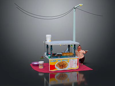 Street Food Stall Setup With Noodle Sign Cups Cooking Tools And Lamp Post Wires 3d model