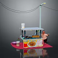 Street Food Stall Setup With Noodle Sign Cups Cooking Tools And Lamp Post Wires