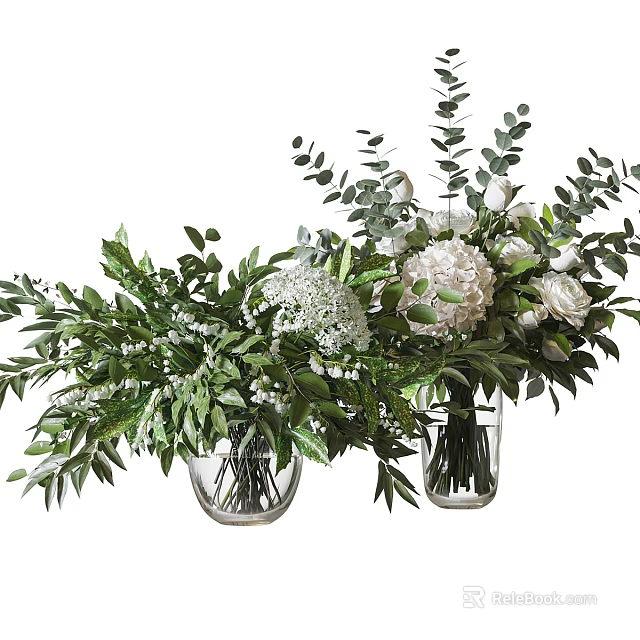Fresh White Roses And Hydrangeas Arrangement In Glass Vases With Green Eucalyptus Foliage 3d model 