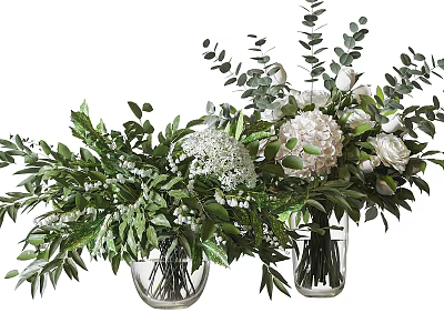 Fresh White Roses And Hydrangeas Arrangement In Glass Vases With Green Eucalyptus Foliage 3d model