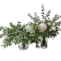 Fresh White Roses And Hydrangeas Arrangement In Glass Vases With Green Eucalyptus Foliage