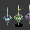 Three Colorful Weapons With Spiral Design Sharp Tops And Decorative Bases