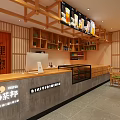 Japanese Style Milk Tea Shop Interior With Wooden Ceiling Beams Gray Counter Digital Menu And Seating Area