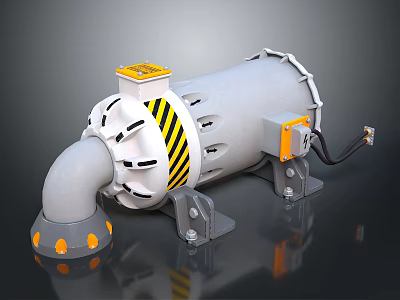 Industrial Equipment Featuring Cylindrical Body Yellow Top Warning Stripes Curved Pipe And Metal Brackets 3d model